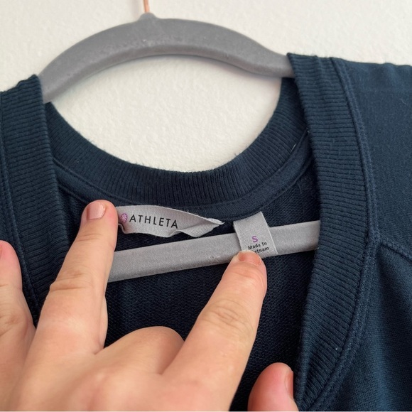 Athleta Criss Cross Sweatshirt Dress in Navy w/ Long Sleeves & Thumb holes, Sm - Picture 7 of 11